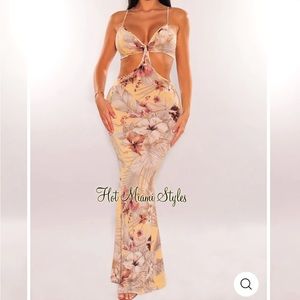 YELLOW TROPICAL PRINT SPAGHETTI STRAPS CUT OUT MAXI DRESS